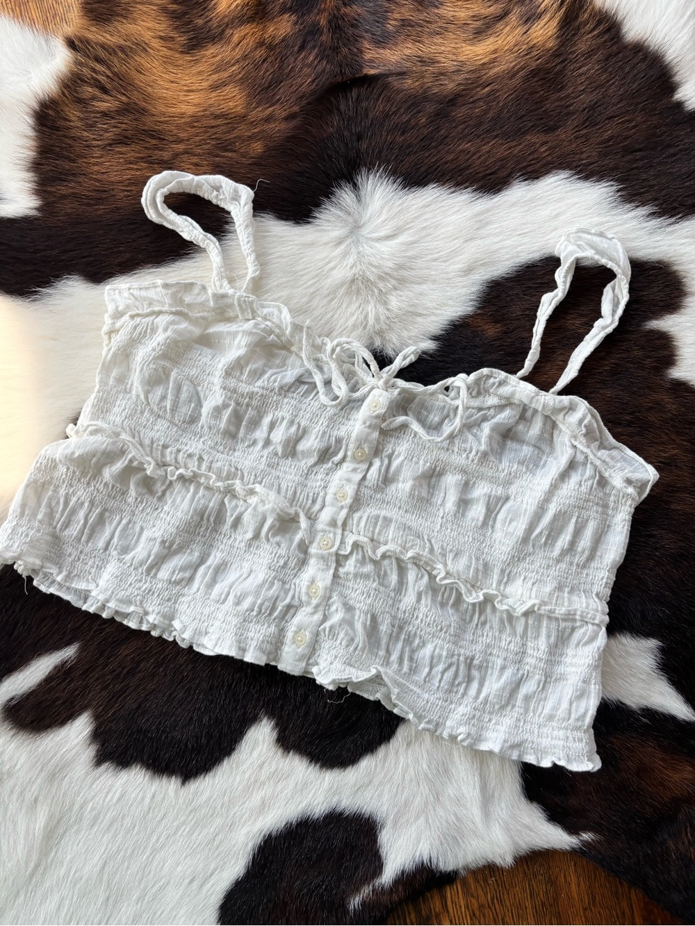 American Eagle Outfitters White Ruffled Button-Front Smocked Tank